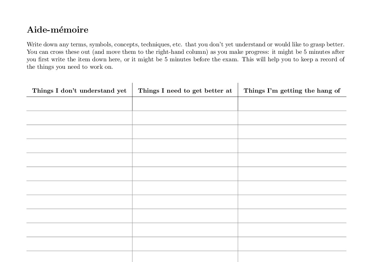 Preview of the aide mémoire table